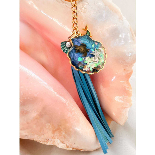 Ocean Shell Keychain with Leather Tassel -  Resin Sea Turtle Bag Charm