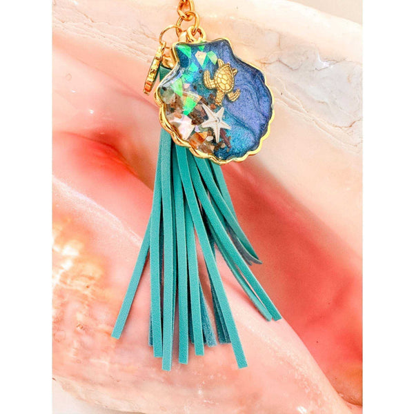 Ocean Shell Keychain with Leather Tassel -  Resin Sea Turtle Bag Charm