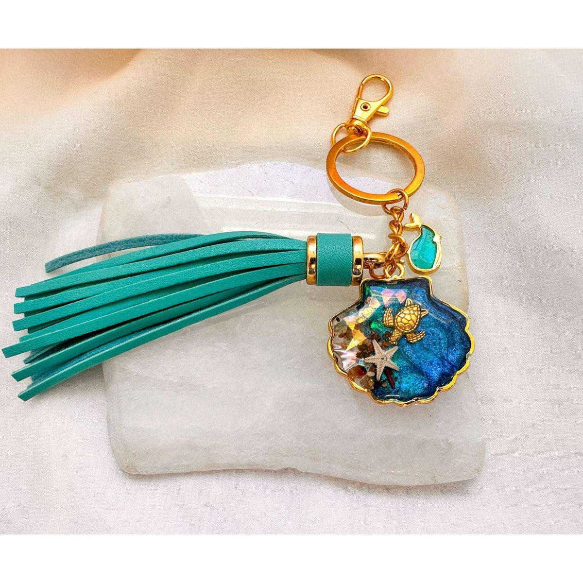 Ocean Shell Keychain with Leather Tassel -  Resin Sea Turtle Bag Charm