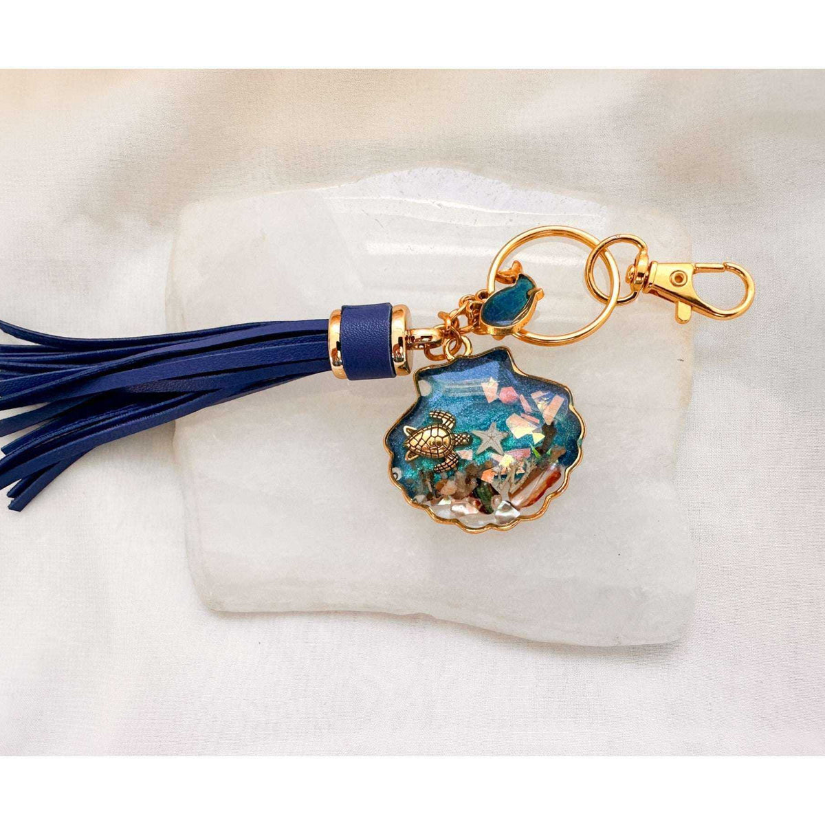 Ocean Shell Keychain with Leather Tassel -  Resin Sea Turtle Bag Charm
