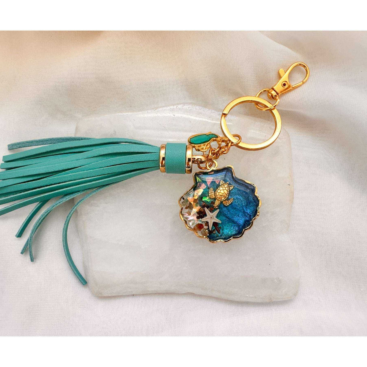 Ocean Shell Keychain with Leather Tassel -  Resin Sea Turtle Bag Charm
