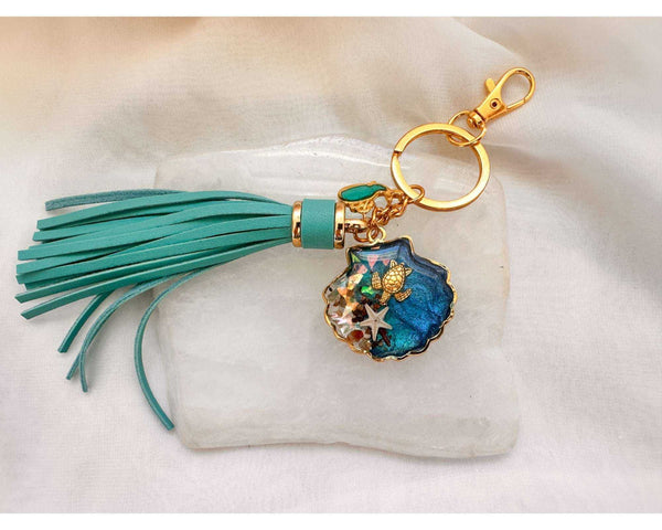 Ocean Shell Keychain with Leather Tassel -  Resin Sea Turtle Bag Charm