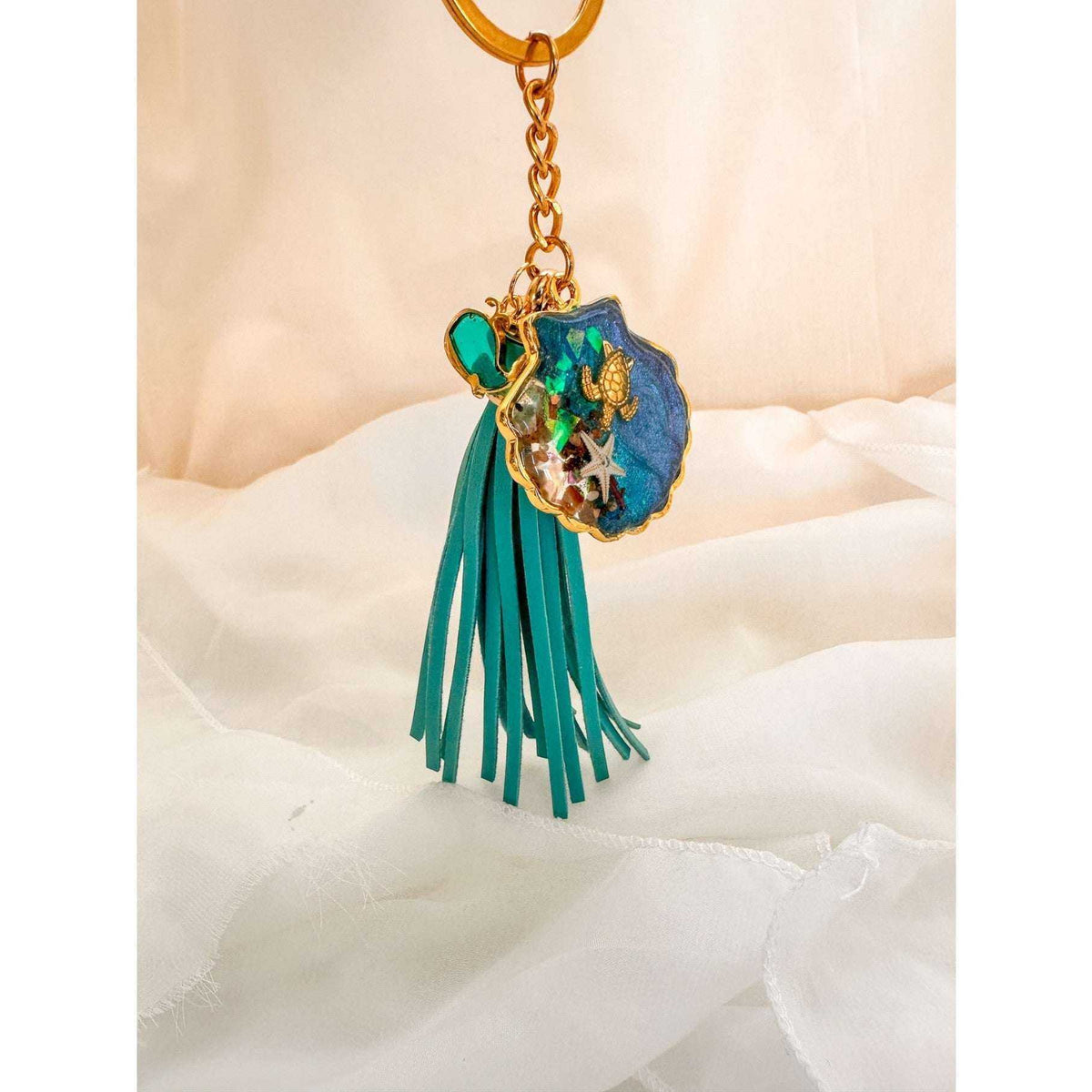 Ocean Shell Keychain with Leather Tassel -  Resin Sea Turtle Bag Charm