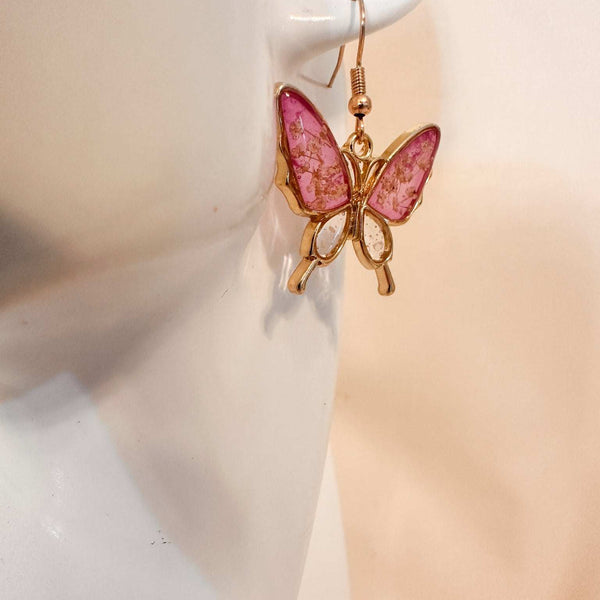 Butterfly - Golden Garden Wings - Handmade Dried Flower Resin Earrings