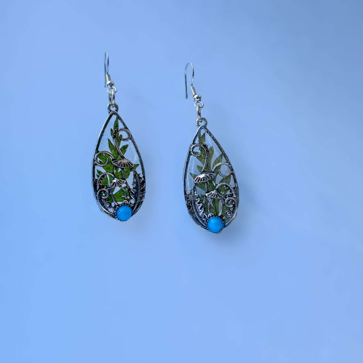 Boho Silver Mushroom Garden Drop Earrings - Enchanted Forest Earrings