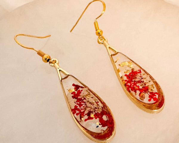 Scarlet Meadow Drop Earrings - Handmade Gold Earrings & Dried Flowers