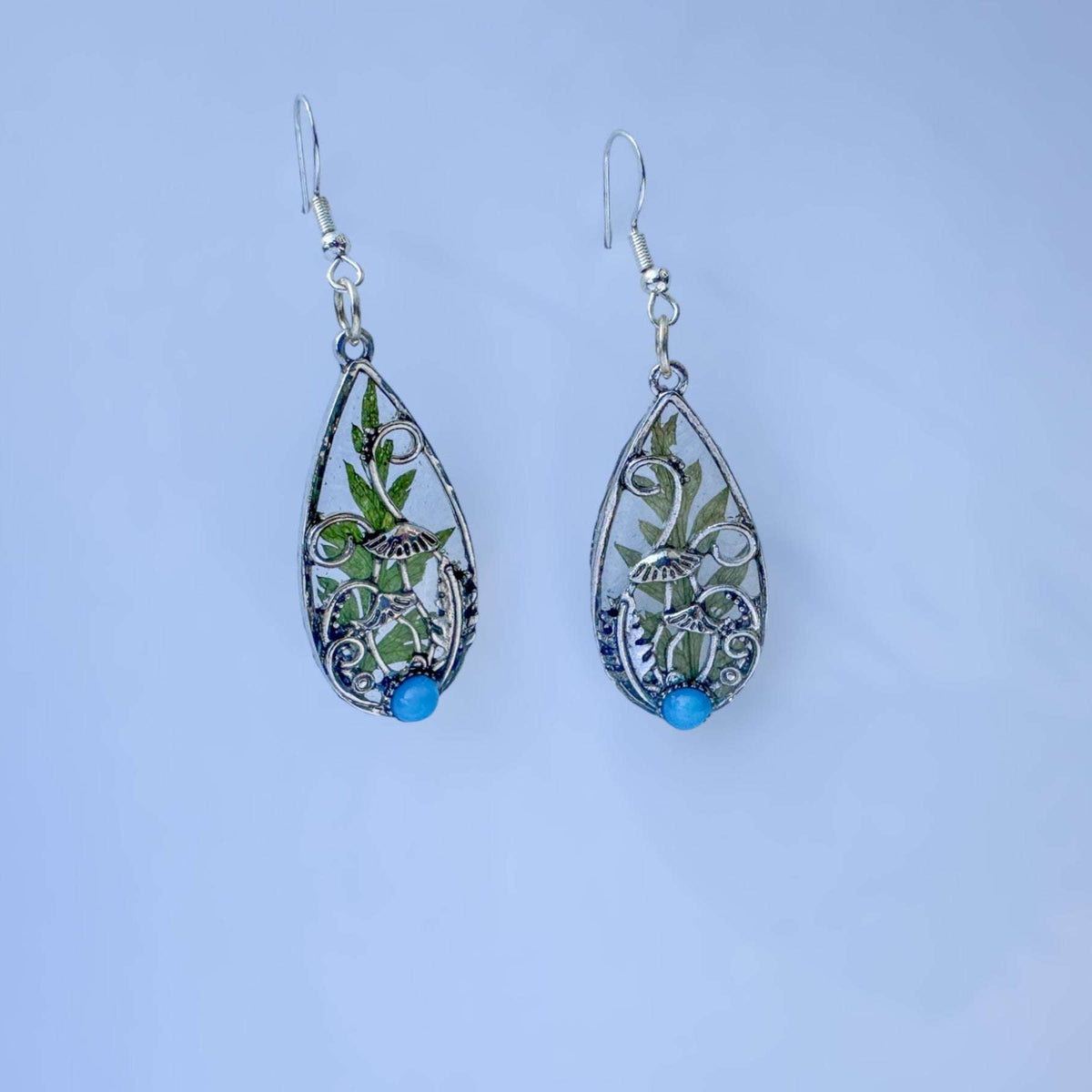 Boho Silver Mushroom Garden Drop Earrings - Enchanted Forest Earrings