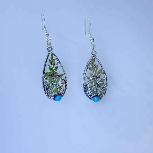 Boho Silver Mushroom Garden Drop Earrings - Enchanted Forest Earrings