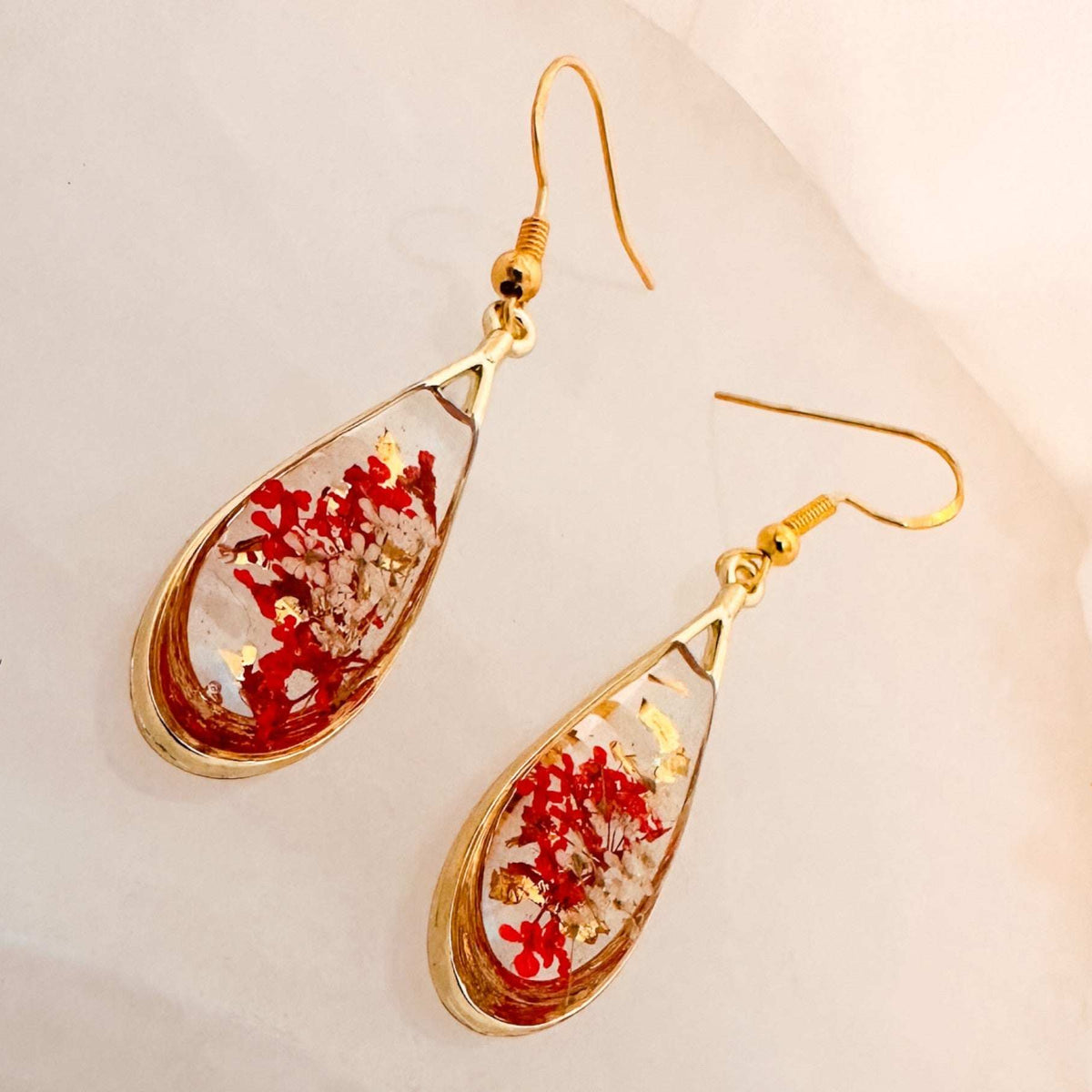 Scarlet Meadow Drop Earrings - Handmade Gold Earrings & Dried Flowers