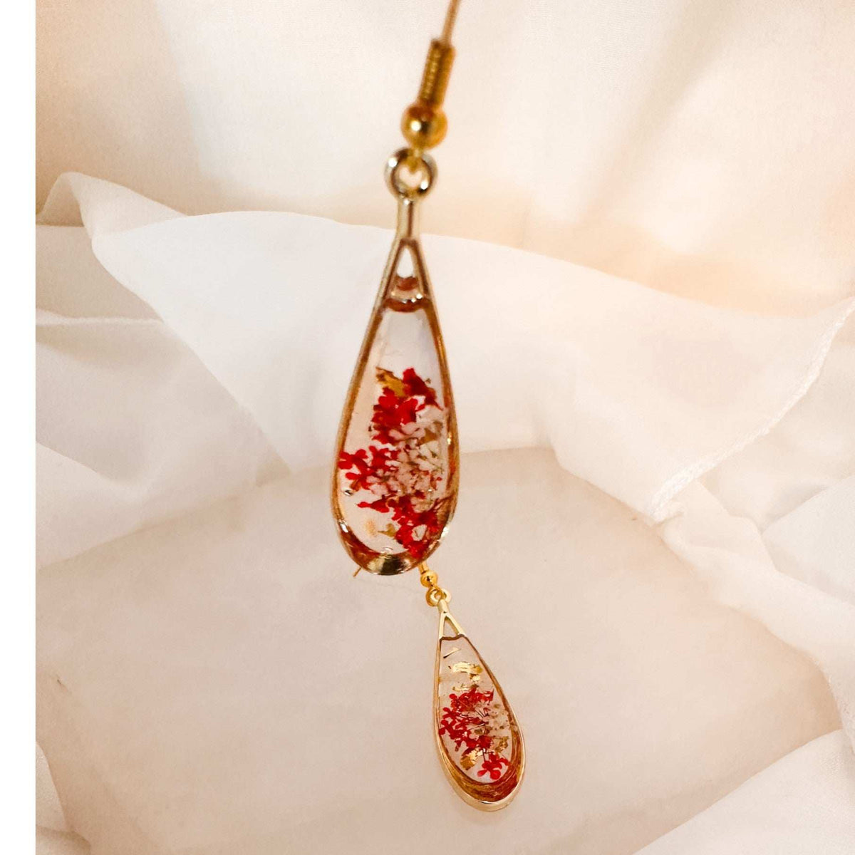 Scarlet Meadow Drop Earrings - Handmade Gold Earrings & Dried Flowers
