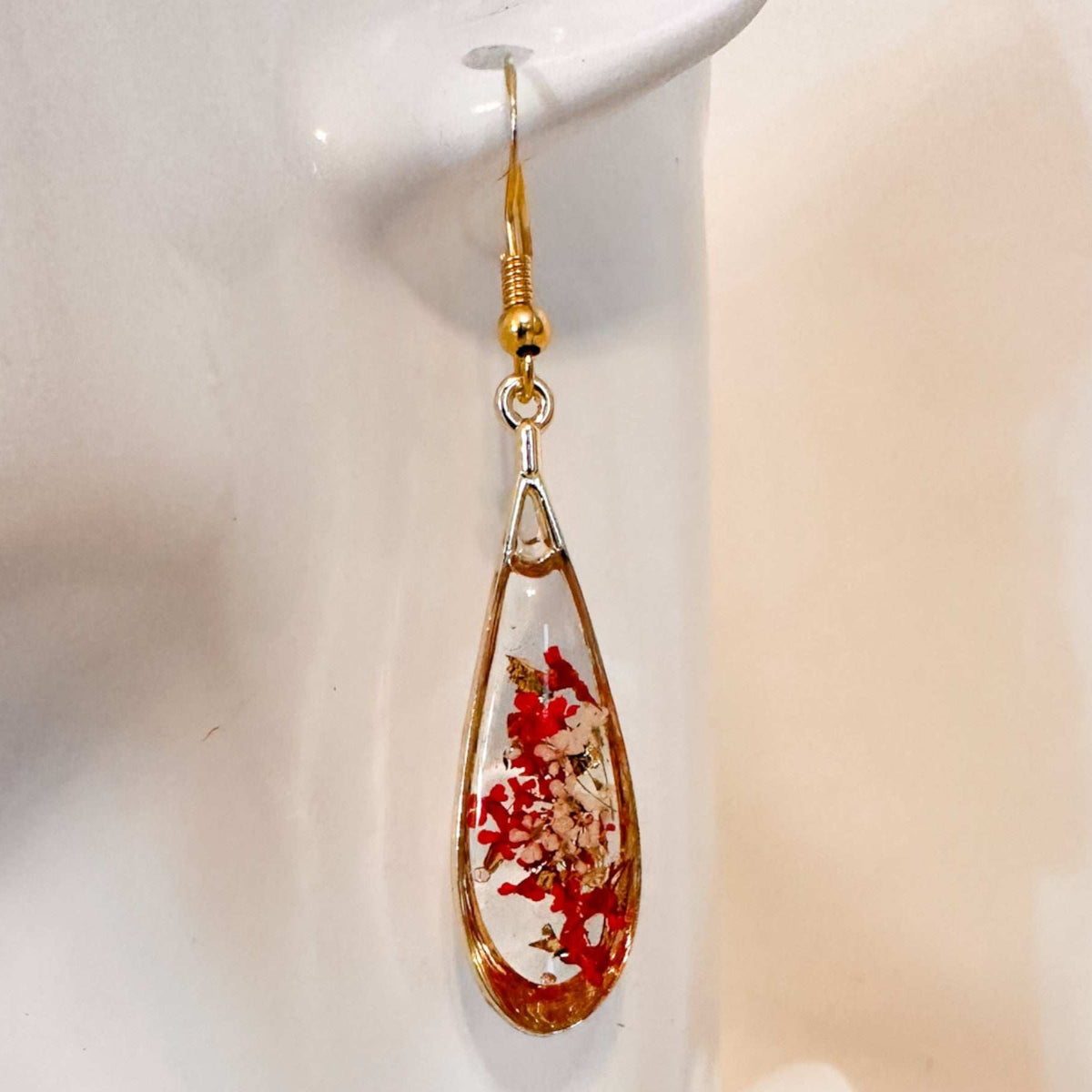 Scarlet Meadow Drop Earrings - Handmade Gold Earrings & Dried Flowers