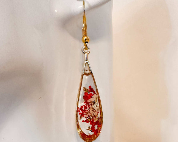 Scarlet Meadow Drop Earrings - Handmade Gold Earrings & Dried Flowers