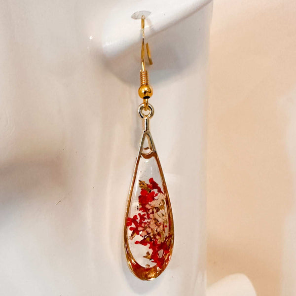 Scarlet Meadow Drop Earrings - Handmade Gold Earrings & Dried Flowers