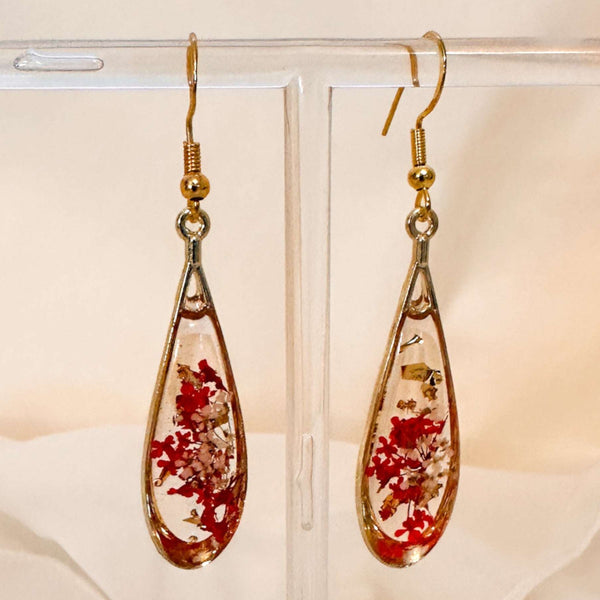 Scarlet Meadow Drop Earrings - Handmade Gold Earrings & Dried Flowers