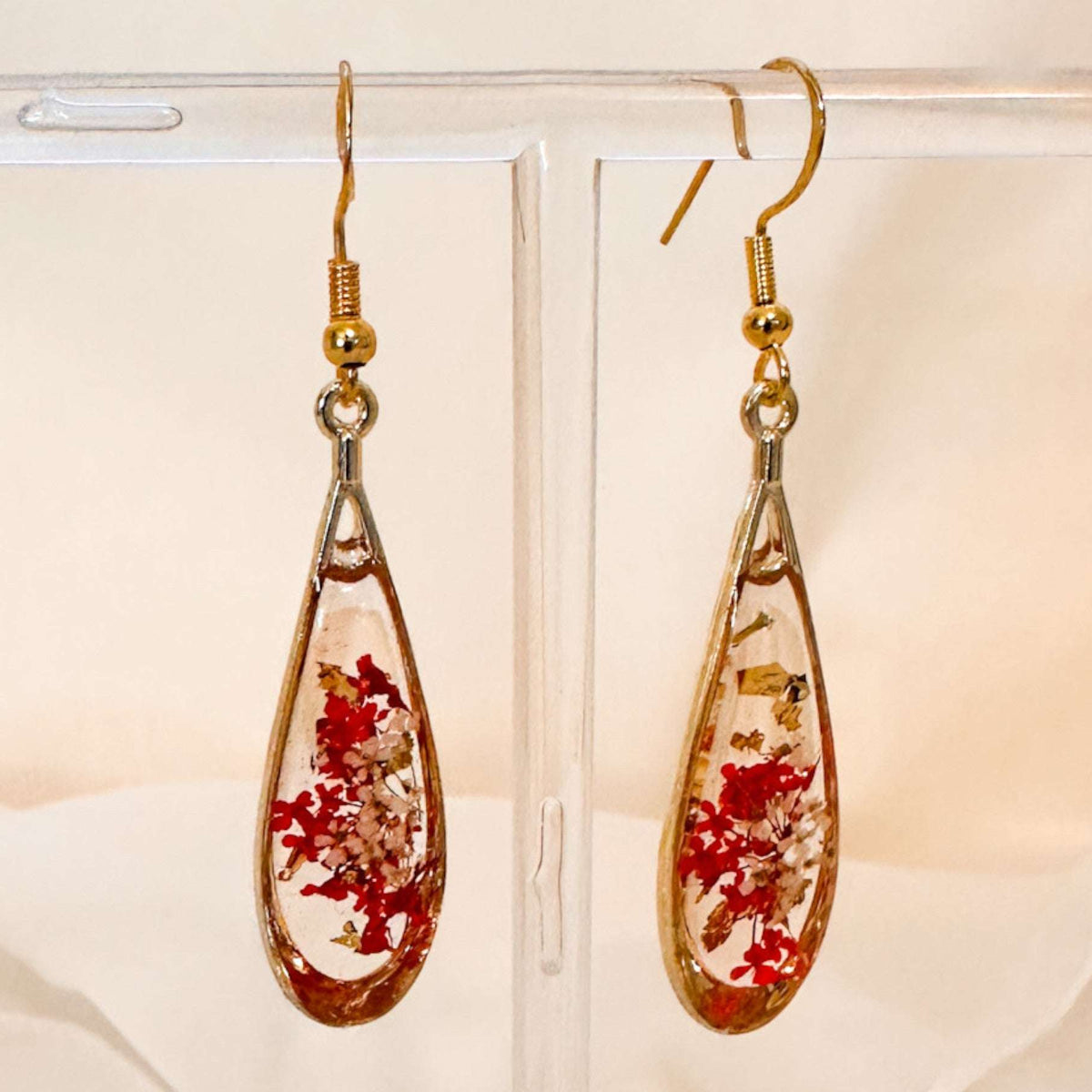 Scarlet Meadow Drop Earrings - Handmade Gold Earrings & Dried Flowers
