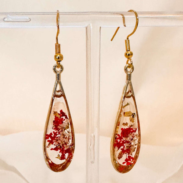 Scarlet Meadow Drop Earrings - Handmade Gold Earrings & Dried Flowers