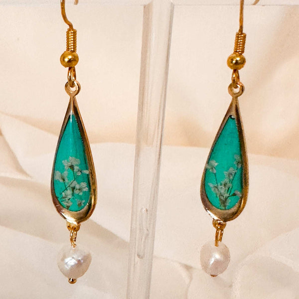 Emerald Garden Teardrop Earrings - Handmade with Real Flowers & Pearls