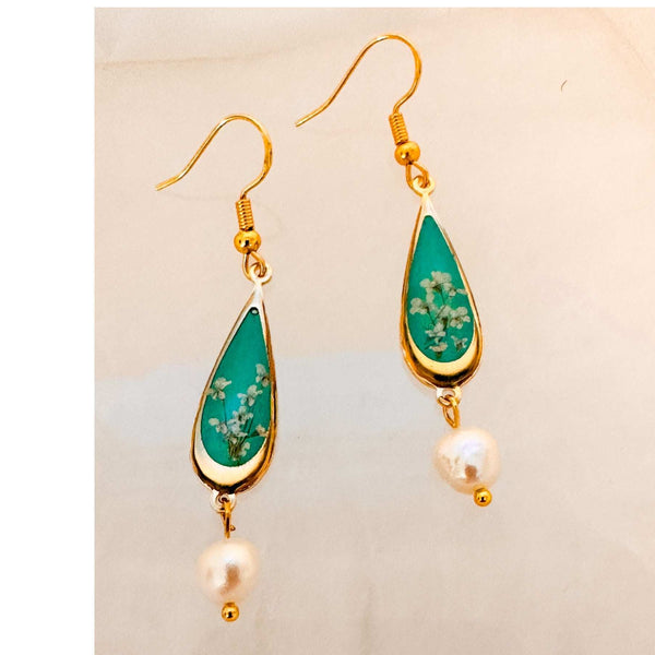 Emerald Garden Teardrop Earrings - Handmade with Real Flowers & Pearls