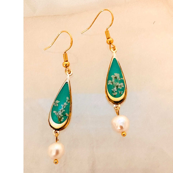 Emerald Garden Teardrop Earrings - Handmade with Real Flowers & Pearls