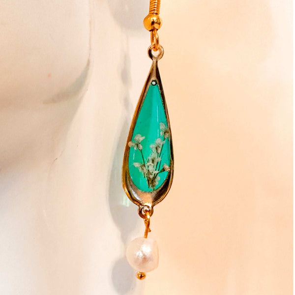Emerald Garden Teardrop Earrings - Handmade with Real Flowers & Pearls