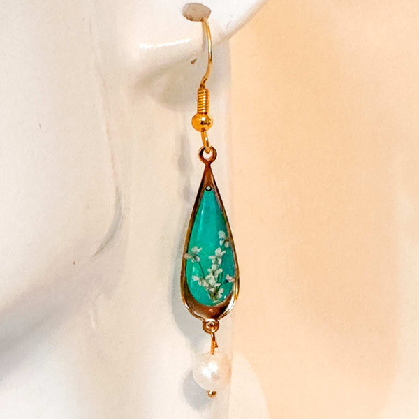 Emerald Garden Teardrop Earrings - Handmade with Real Flowers & Pearls
