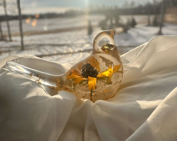Golden Meadow Bloom Resin Bird - Handmade Botanical Home Decor