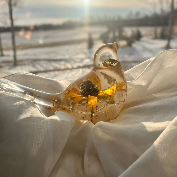 Golden Meadow Bloom Resin Bird - Handmade Botanical Home Decor