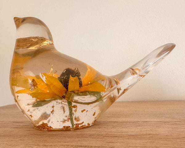 Golden Meadow Bloom Resin Bird - Handmade Botanical Home Decor