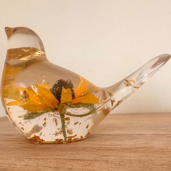 Golden Meadow Bloom Resin Bird - Handmade Botanical Home Decor