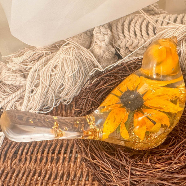 Golden Meadow Bloom Resin Bird - Handmade Botanical Home Decor