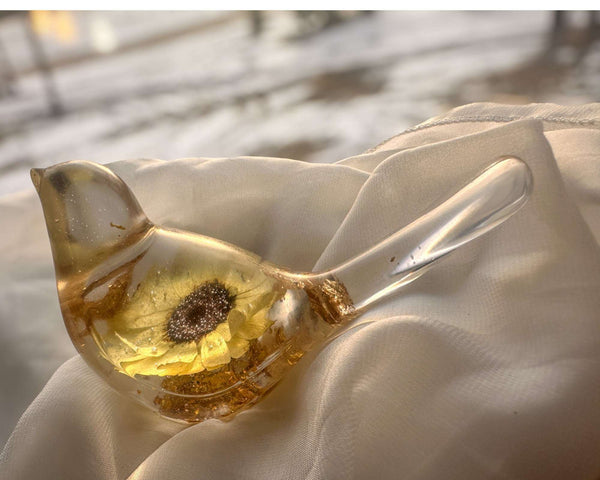 Sunflower Sunny Songbird - Handmade Pressed Flower Resin Bird Decor