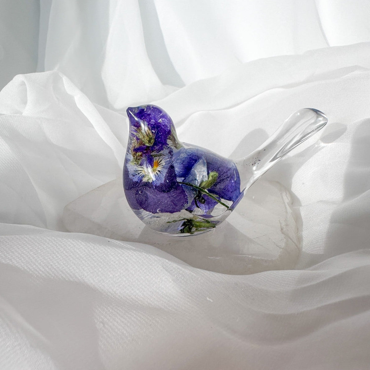 Pansy Songbird: Resin Small Bird with Real Pansies & Fluorite Gemstones