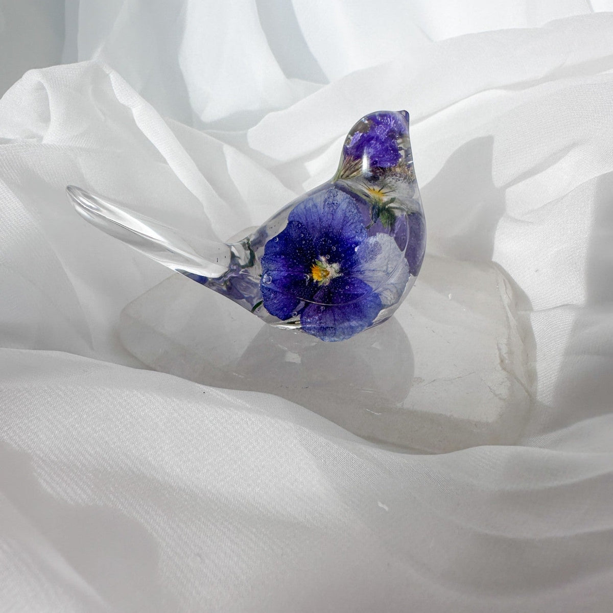 Pansy Songbird: Resin Small Bird with Real Pansies & Fluorite Gemstones