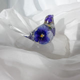 Pansy Songbird: Resin Small Bird with Real Pansies & Fluorite Gemstones