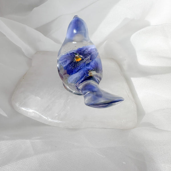 Pansy Songbird: Resin Small Bird with Real Pansies & Fluorite Gemstones