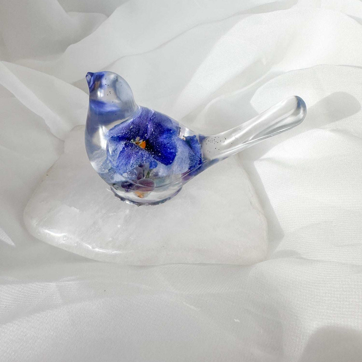 Pansy Songbird: Resin Small Bird with Real Pansies & Fluorite Gemstones