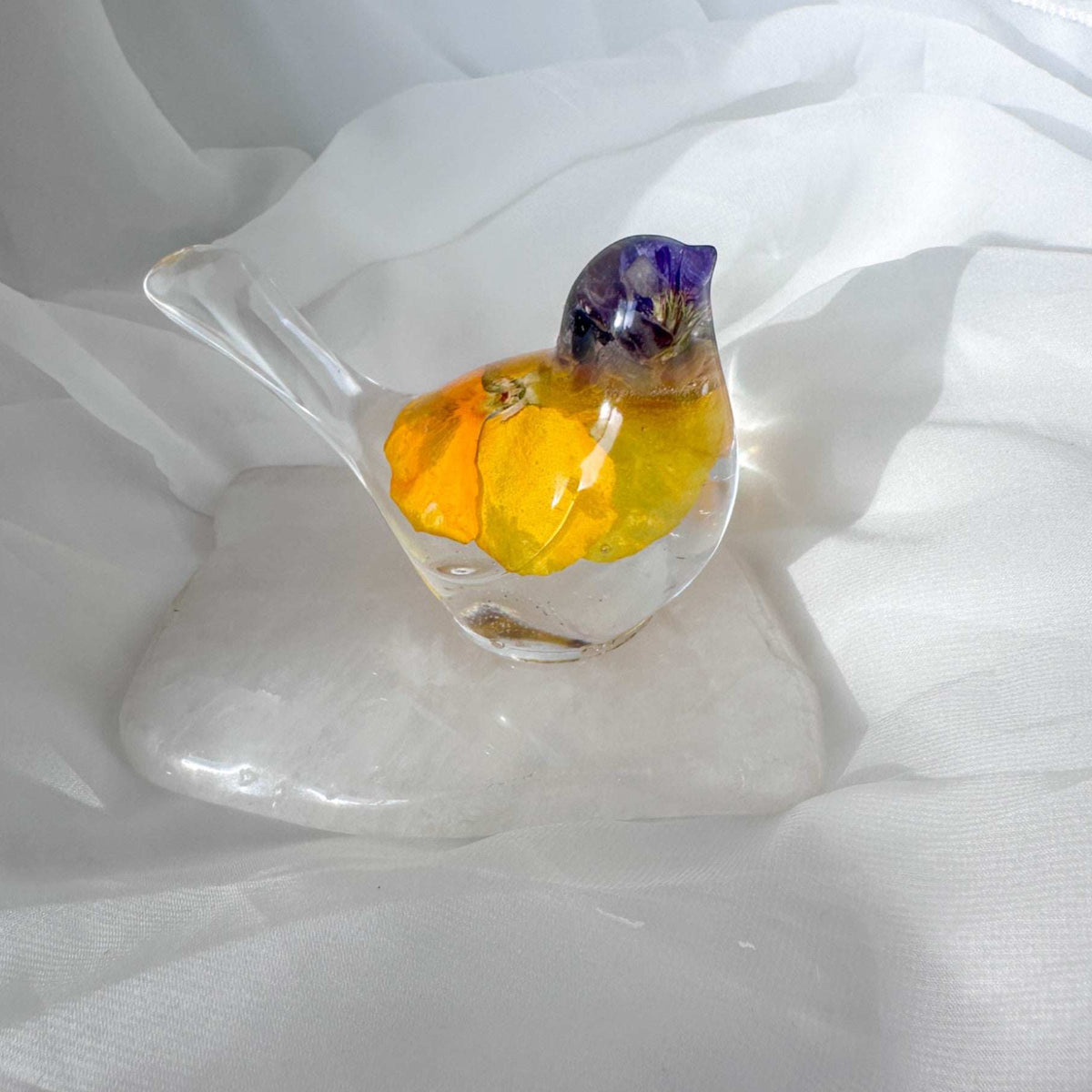 Pansy Songbird: Resin Large Bird with Real Pansies & Fluorite Gemstones