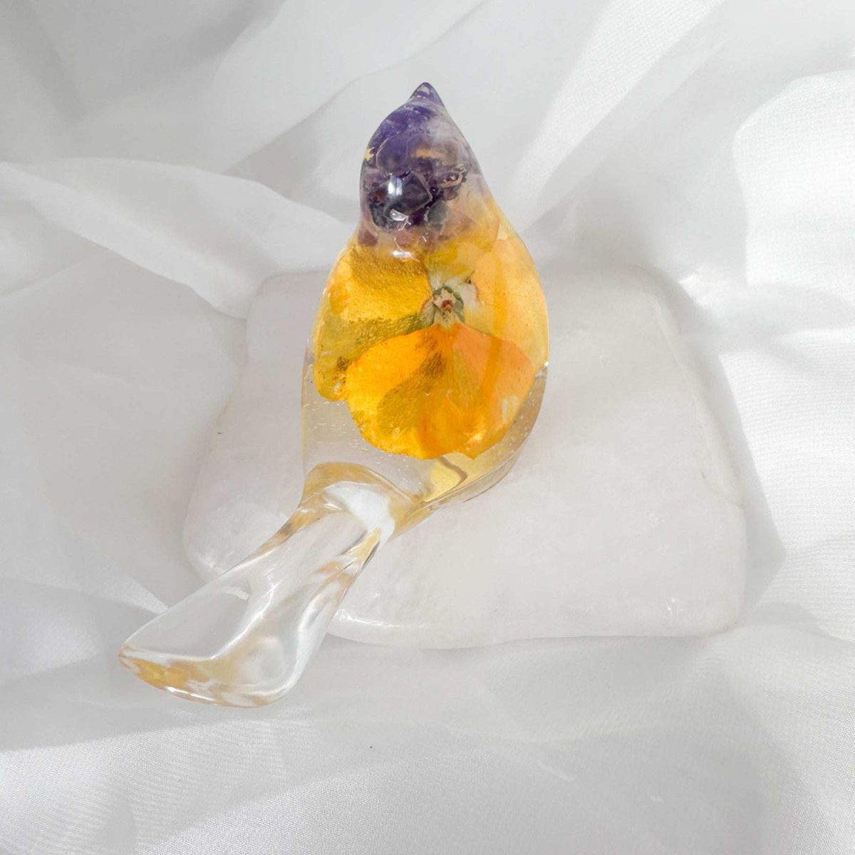 Pansy Songbird: Resin Large Bird with Real Pansies & Fluorite Gemstones