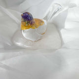 Pansy Songbird: Resin Large Bird with Real Pansies & Fluorite Gemstones