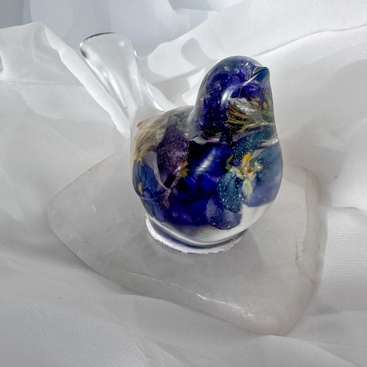 Pansy Songbird: Resin Large Bird with Real Pansies & Fluorite Gemstones