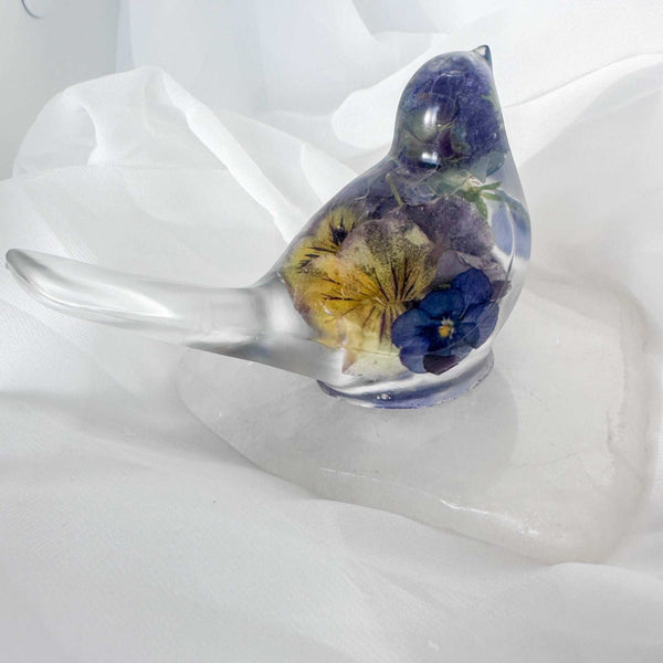 Pansy Songbird: Resin Large Bird with Real Pansies & Fluorite Gemstones