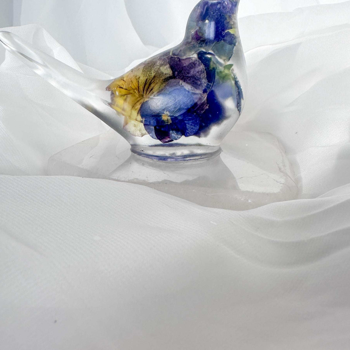 Pansy Songbird: Resin Large Bird with Real Pansies & Fluorite Gemstones