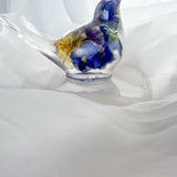 Pansy Songbird: Resin Large Bird with Real Pansies & Fluorite Gemstones