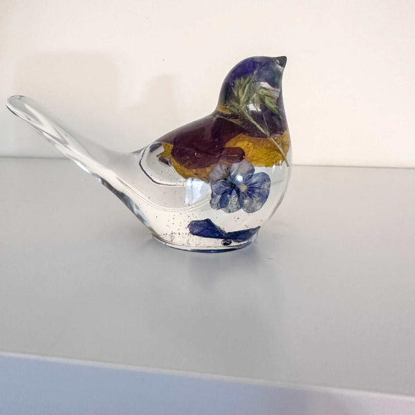 Pansy Songbird: Resin Large Bird with Real Pansies & Fluorite Gemstones