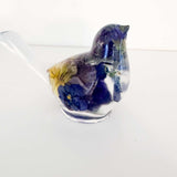 Pansy Songbird: Resin Large Bird with Real Pansies & Fluorite Gemstones