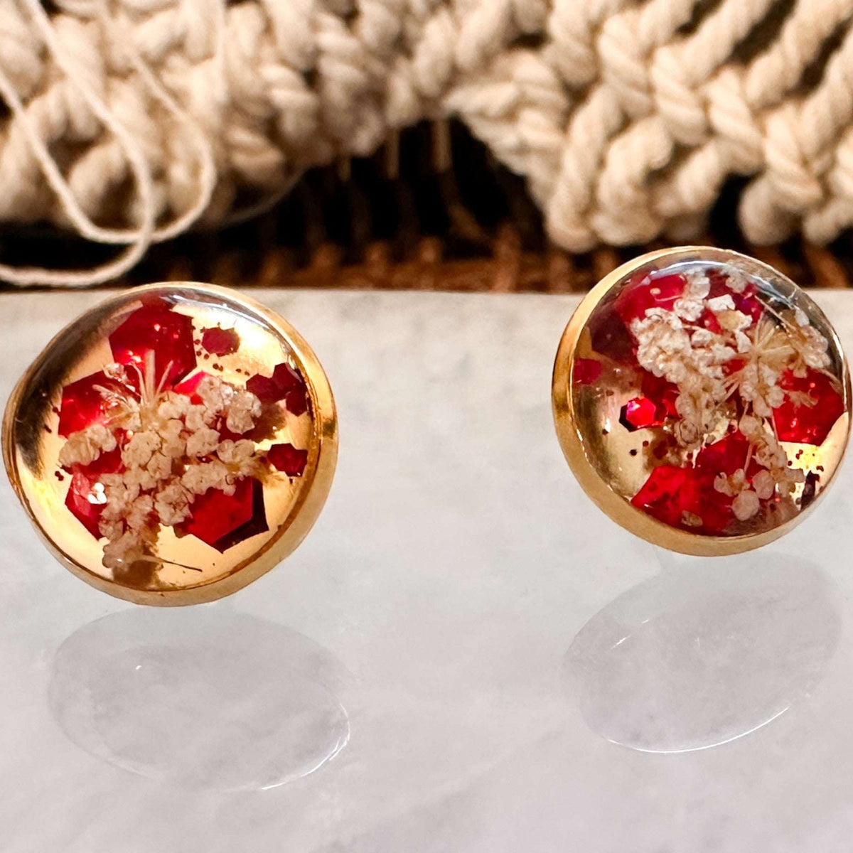 Scarlet Lace Sparkle Studs - Handmade Botanical Resin Stud Earrings