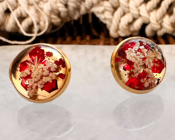 Scarlet Lace Sparkle Studs - Handmade Botanical Resin Stud Earrings