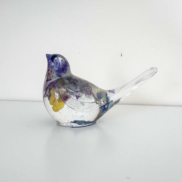 Pansy Songbird: Resin Large Bird with Real Pansies & Fluorite Gemstones