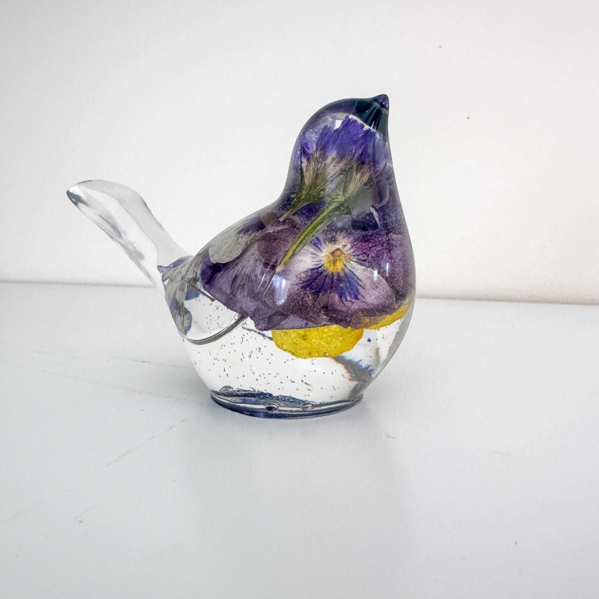 Pansy Songbird: Resin Large Bird with Real Pansies & Fluorite Gemstones