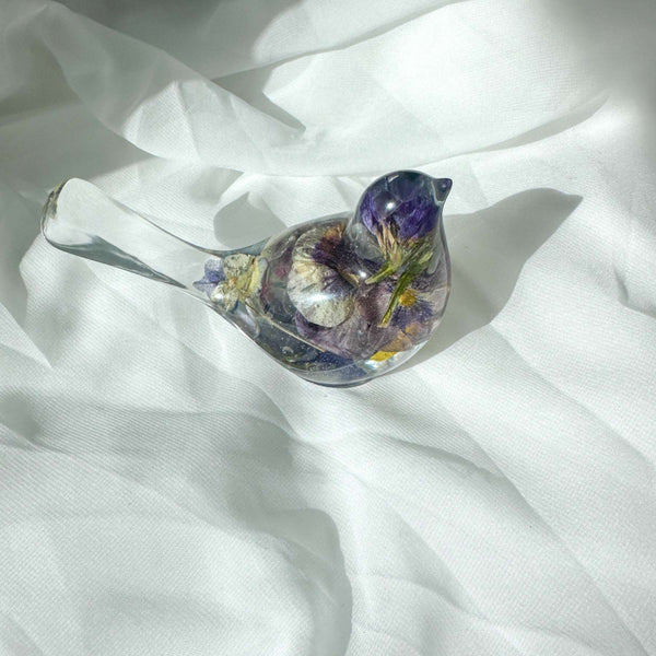 Pansy Songbird: Resin Large Bird with Real Pansies & Fluorite Gemstones